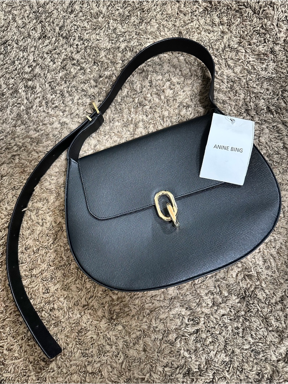 Anine Bing Black Leather Crescent Shoulder Bag with Gold Buckle